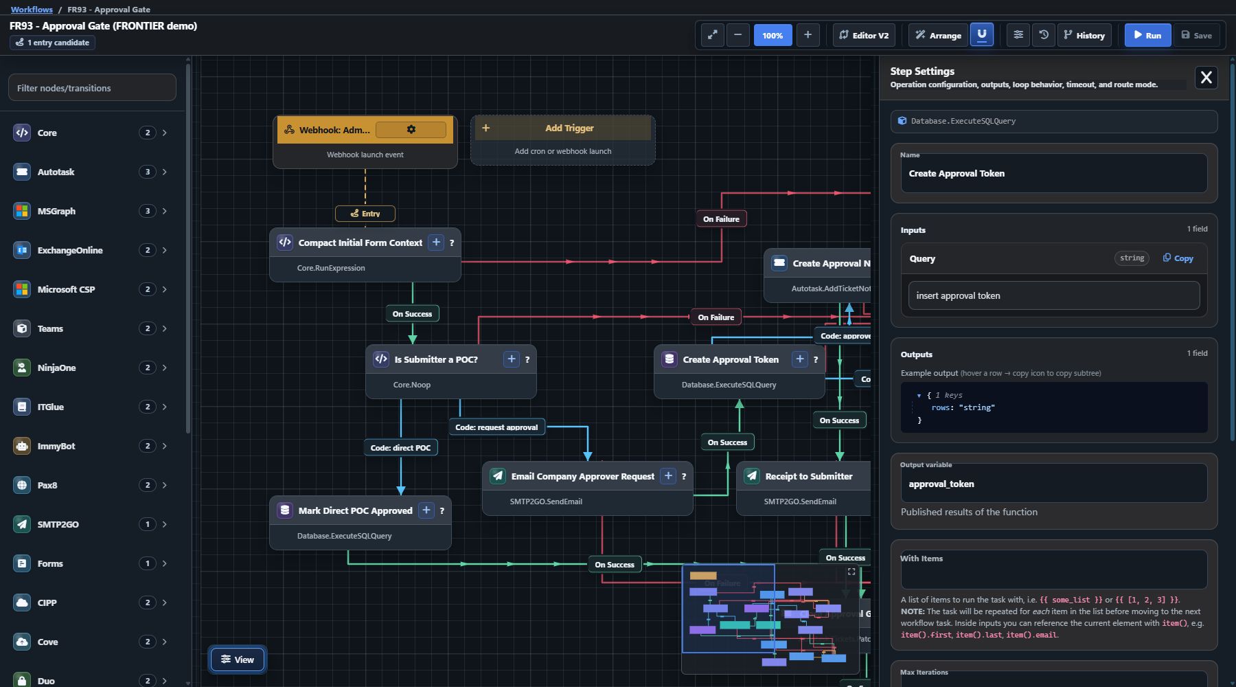W!FE workflow editor with an API operation catalog, workflow canvas, and step settings inspector